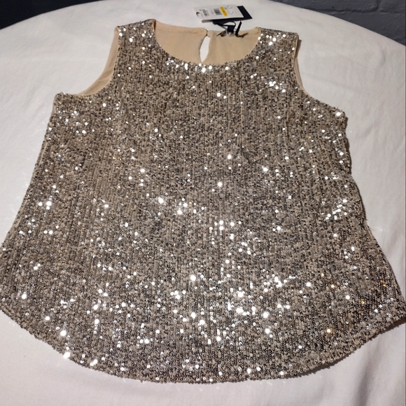 DKNY Champagne Cream Shiny Sequined Tank Top With Keyhole